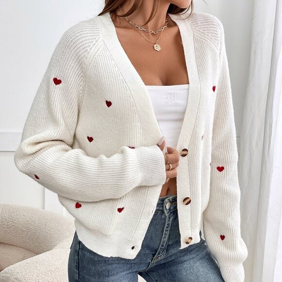 Beige Casual Women's Heart Embroidery Button Front Cardigan - Picture 5 of 6